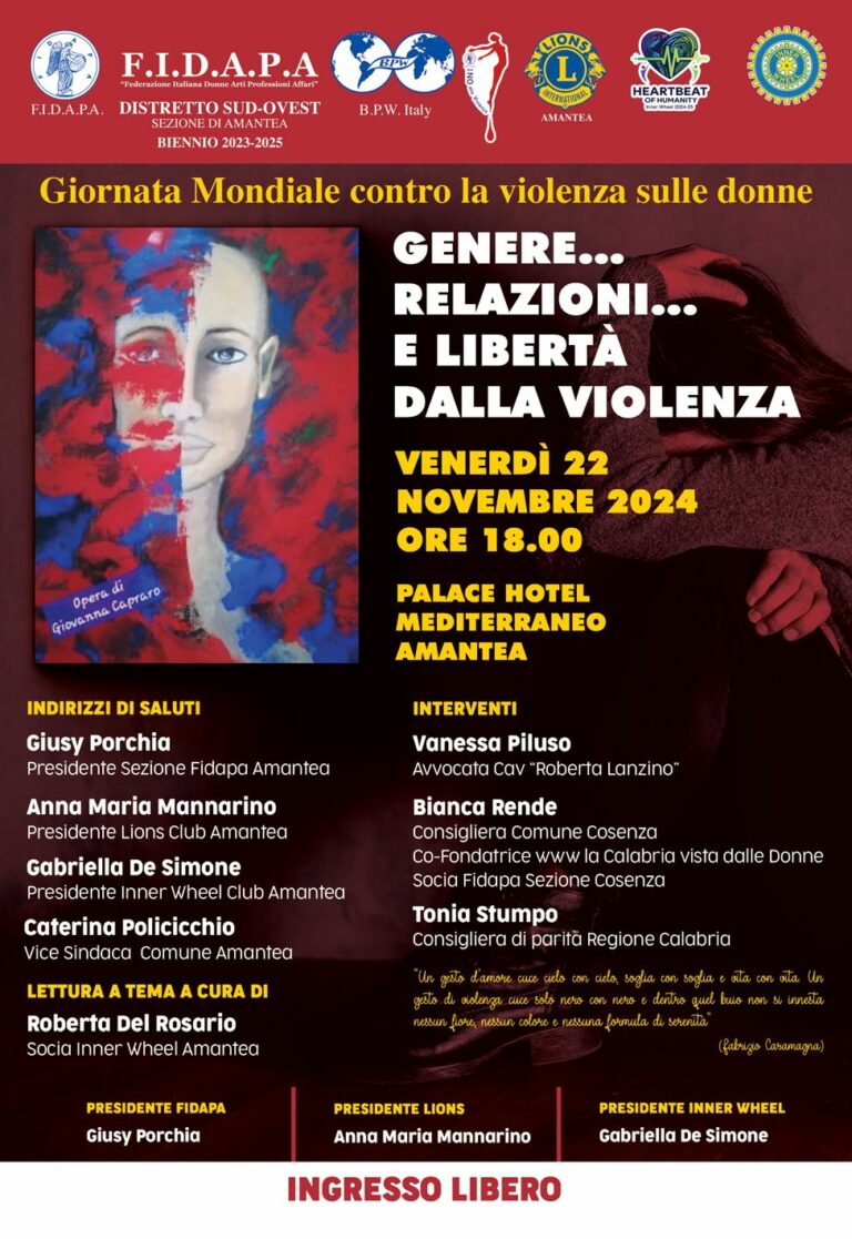 GENERE…RELAZIONI…E LIBERTA’ DALLA VIOLENZA. GIORNATA MONDIALE CONTRO LA VIOLENZA SULLE DONNE. F.I.D.A.P.A.